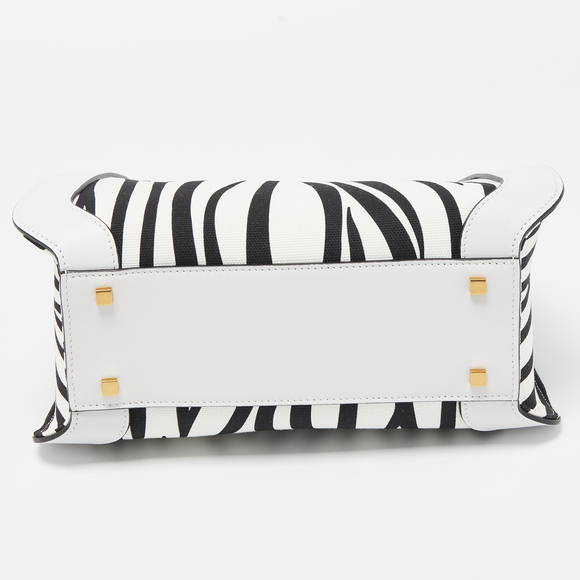 VALENTINO White/Black Zebra Print Canvas and Leather Small VLogo Tote - Picture 6 of 8